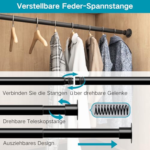 Wardrobe Rail for Hanging Clothes, Extendable Rail for Clothes, Bedroom, Windows and Showers, Diameter 65-110 cm, 32 mm, Black