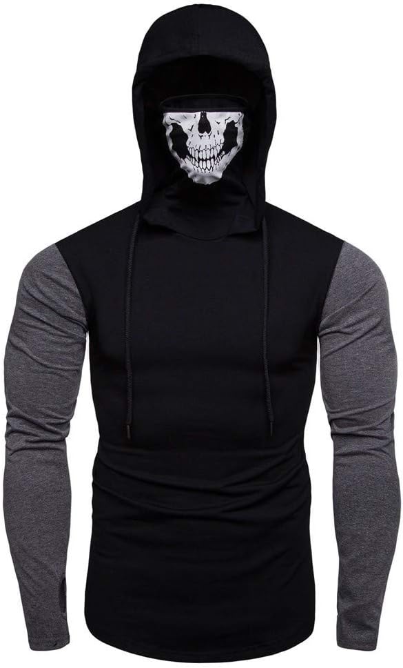 HOOUDO Sweatshirt Man,Autumn Winter Sales Plus Size Mask Skull Print Lightweight Splicing Long Sleeve Pullover Hooded Sweatshirt Tops Blouse Hoody