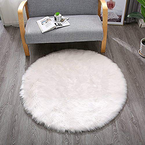 YJ.GWL High Pile White Round Faux Sheepskin Fur Area Rug for Bedroom