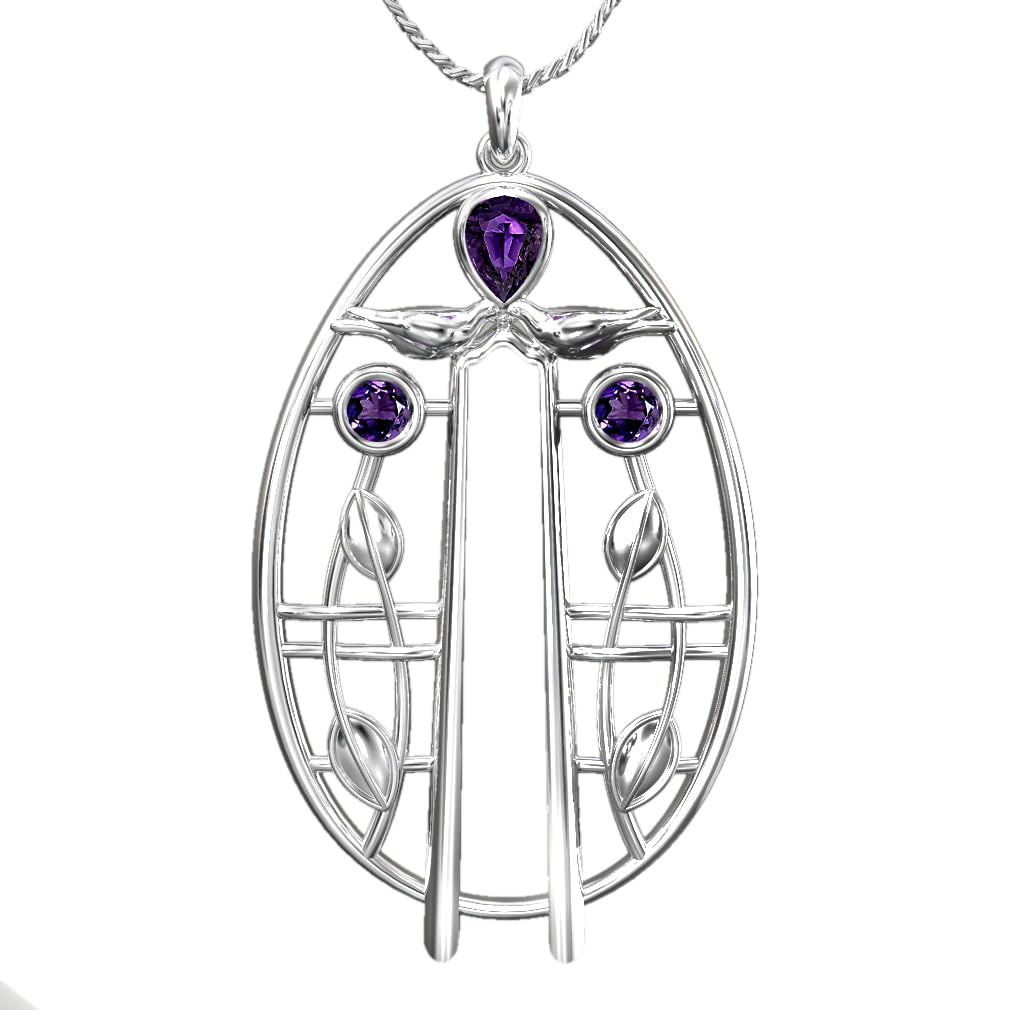 Cairn 925 Sterling silver Charles Rennie Mackintosh pendant necklace with 18" silver chain for women. Jewellery gift box included. Music 181AM