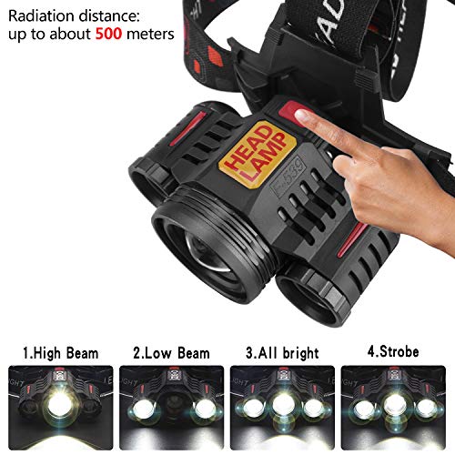 Head Lamp Rechargeable Headlamp,6000 Lumen 3 LED 4 Modes 18650 USB Rechargeable Adjustable Zoom Waterproof Flashlight Head Lights for Camping Hiking Outdoors