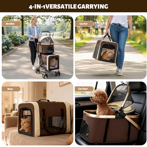 Beauenty Double Pet Stroller for Dogs and Cats, Lightweight Folding Pet Dog Stroller for Small Medium Dogs Cats, 2 Detachable Carrier Bags, 4 Lockable Wheels & Safety Belts, Brown