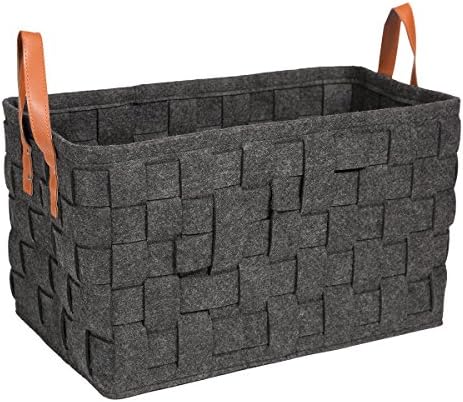 Fabric Storage Laundry Baskets Containers, Estorager Foldable Knitted Baskets Home Organizers Box Cubes with Leather Handles, Large Size (Dark gray)