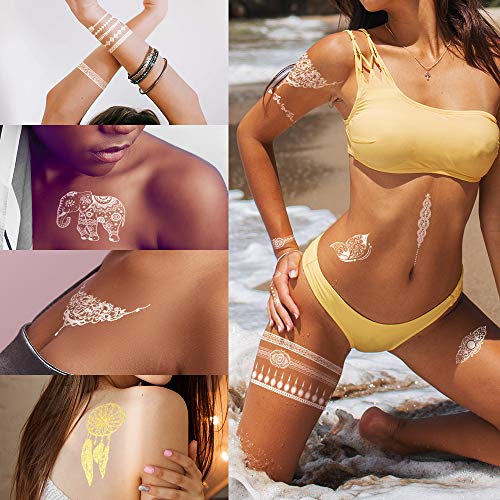 Temporary Tattoos, 12 Sheets Henna Tattoo Kit, 6 X Flash Metallic Tattoos for Women + 6 X White Henna Combo, Mandala Festival Clothing, Gold Tattoos, DIY Home Decor, Boho Body Tattoos for Women Kids