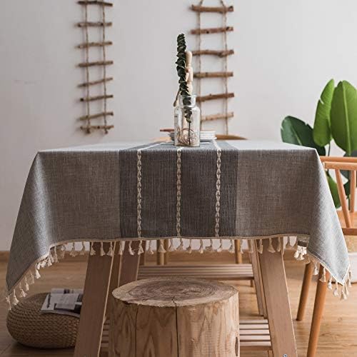 Toechmo Stitching Tassel Tablecloth Heavy Weight Cotton Linen Fabric Dust-Proof Table Cover Kitchen Dinning Tabletop with Embroidery for Decoration (Square, 55 x 55 Inch, Gray)