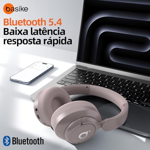 Basike Fone de Ouvido Bluetooth, ANC Cancelamento de Ruído Ativo Headphone Bluetooth 5.4 Headset com Microfone, Certificação Hi-Res Audio, 30 horas reprodução, LE29 (Rosa)