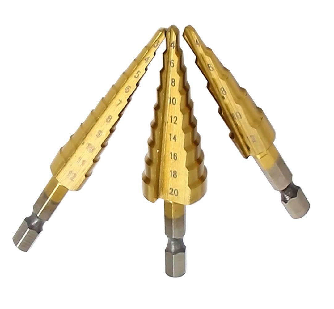 Mengshen Step Cone Drill Set 3-Piece Set 3-12mm/4-12mm/4-20mm, HSSHSS High Speed Steel HSS Titanium Coated Drilling Tool Multi-functional Hex Shank
