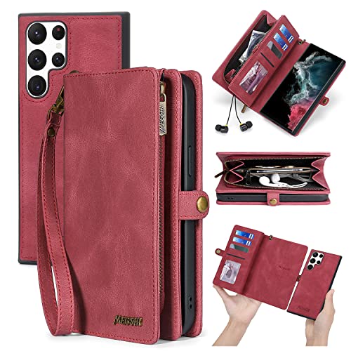 TwoHead for Samsung Galaxy S22 Ultra Wallet Case, Multifunctional Phone Case with Card Holder and Zipper,2 in 1 Magnetic Removable Flip Case Wallet with Wrist Strap (Red)