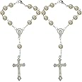 2PCS Car Rosary for Rearview Mirror, White Rosary Pendant Car Interior Rear View Mirror Charm Auto Decors, Car Medal and Cross Personalized Hanging Accessories for Women Men (White)