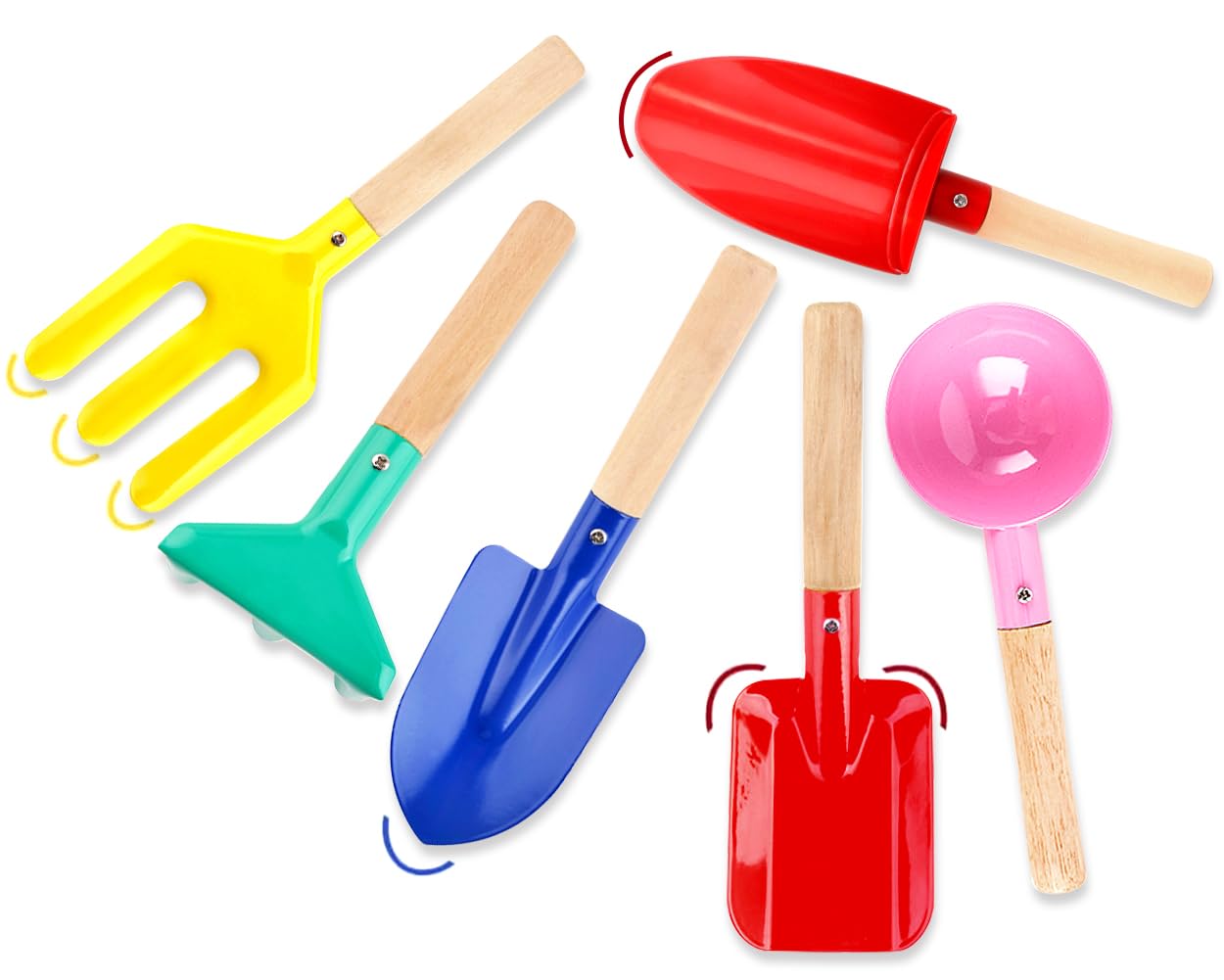 Katroiy 6 Piece Kids Gardening Tools, Children Beach Sand Toys, Made of Metal with Sturdy Wooden Handle, Safe Beach Gardening Set, Spoon, Fork, Rake & Shovel, Gifts for Kids