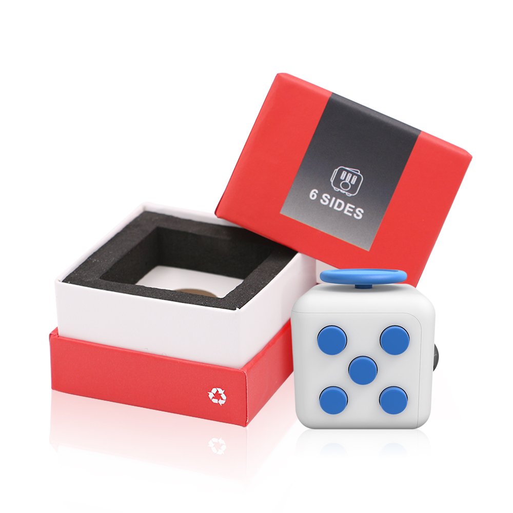 Lodabodkin Fidget Cube Relieves Stress and Anxiety for Children and Adults, Anxiety Attention Toy (White-blue)