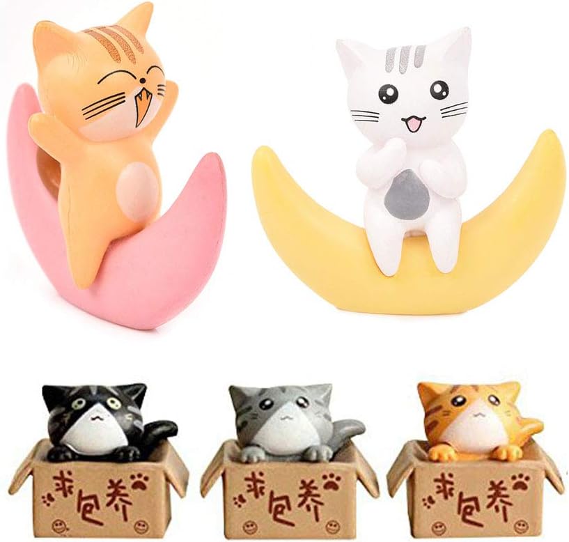 Neko 5pcs Miniature Cats in Boxes & Crescent Moon Figurines - Micro Garden Landscape Ornament Decorations – Cute Lucky Cat DIY Figures for Crafts and Home Decor