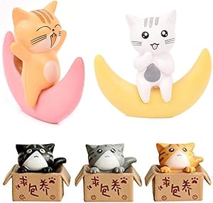 Neko 5pcs Miniature Cats in Boxes & Crescent Moon Figurines - Micro Garden Landscape Ornament Decorations – Cute Lucky Cat DIY Figures for Crafts and Home Decor