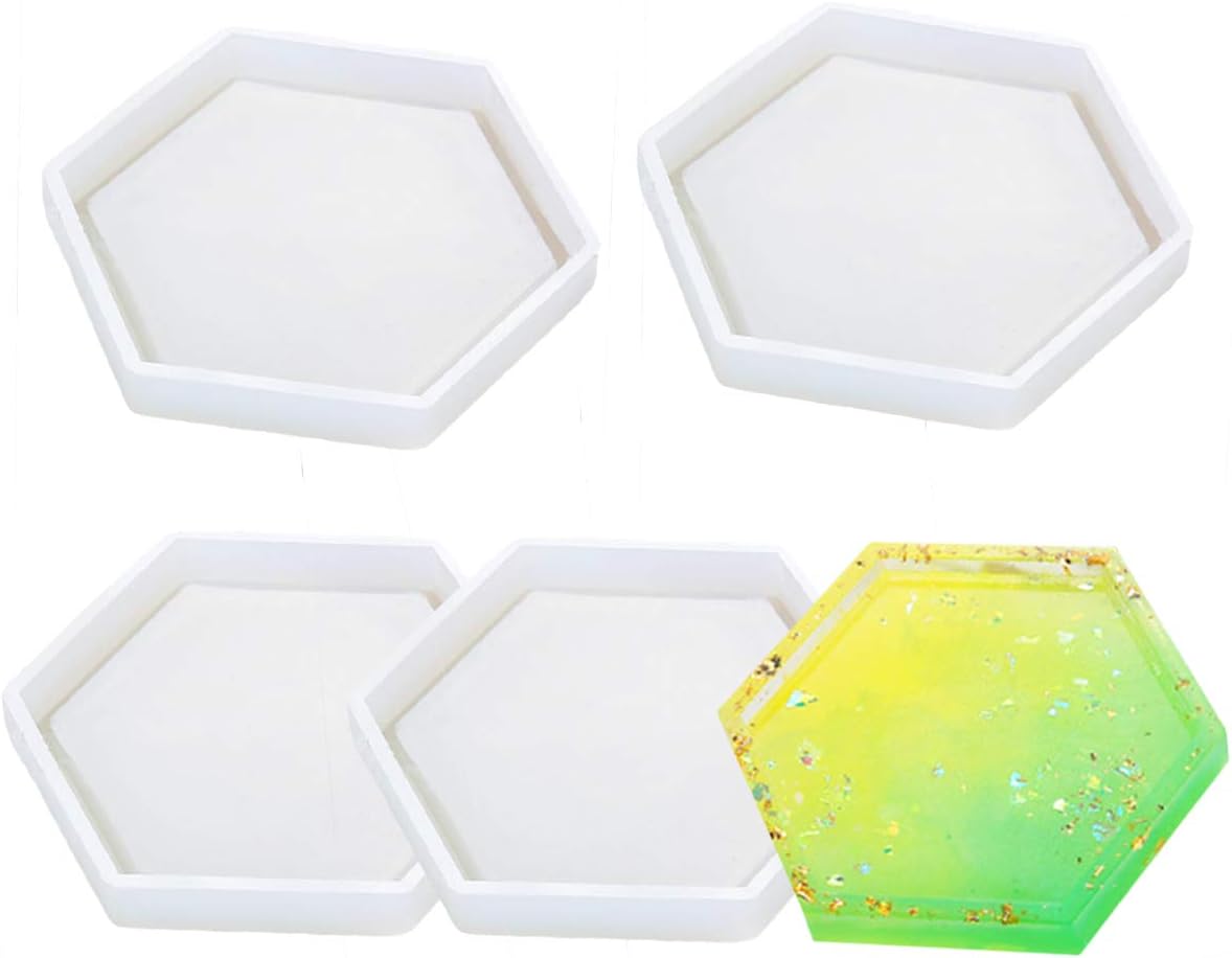 4 Pack Hexagon Silicone Coaster Molds Silicone Resin Mold, Clear