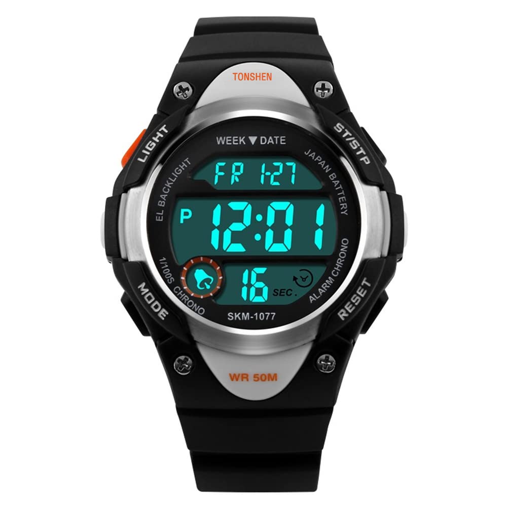 TONSHEN Simple Digital Watch for Kid Boy Girl Outdoor Military 50M Waterproof Plastic Case with Rubber Band Electronic Multifunction Sports Wrist Watches Alarm Stopwatch (Black)