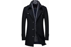 INVACHI Men's Wool Blend Coat Warm Winter Trench Coat with Detachable Soft Scarf Single Breasted Pea Coat
