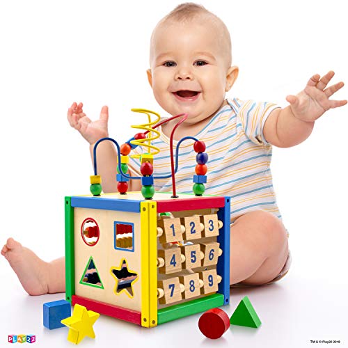 Wooden Activity Play Cube 6 in-1 for Baby with Removable Bead Maze, Shape Sorter, Abacus Counting Beads & Numbers, Sliding Shapes, 8Pcs Stacking Cups – Play22