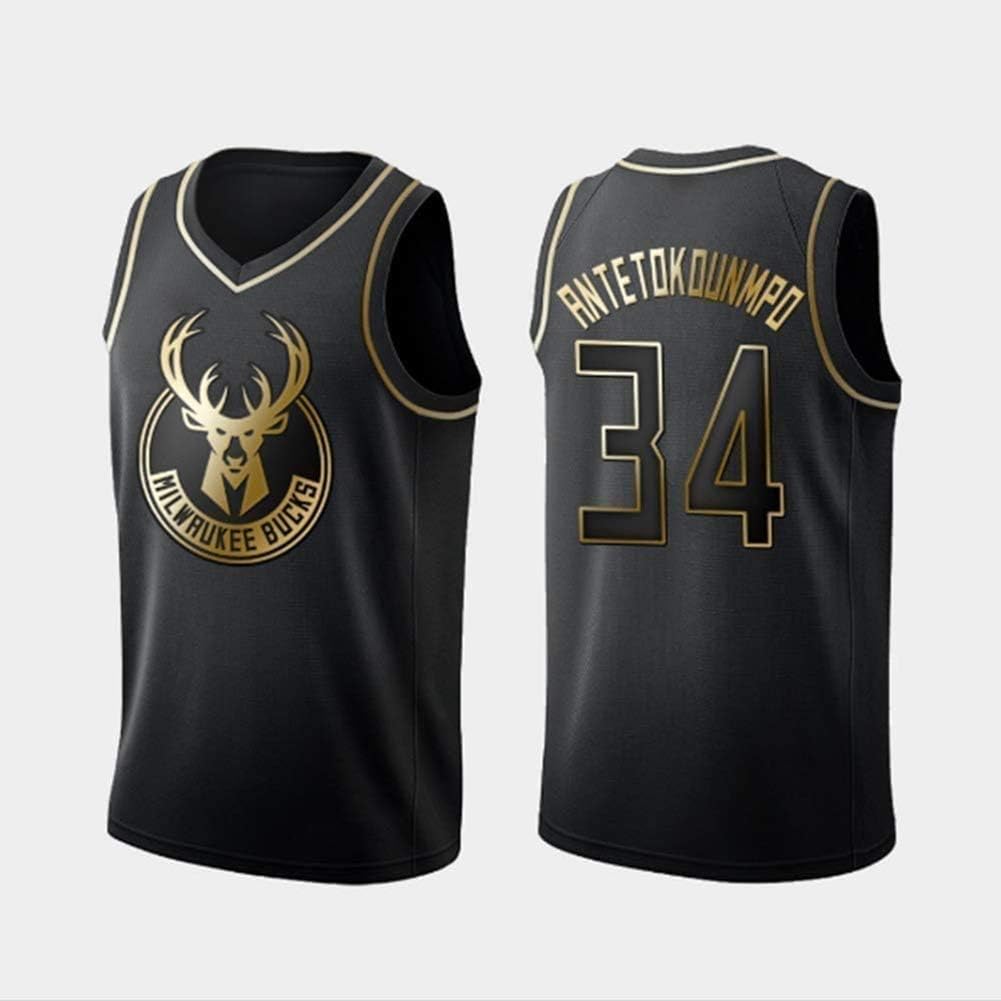 Black Gold Edition NBA Basketball Jersey Milwaukee Bucks 34# Antetokounmpo Classic Sleeveless Basketball Vest Breathable T-Shirt Men's Fashion,S (170CM / 50~65Kg)