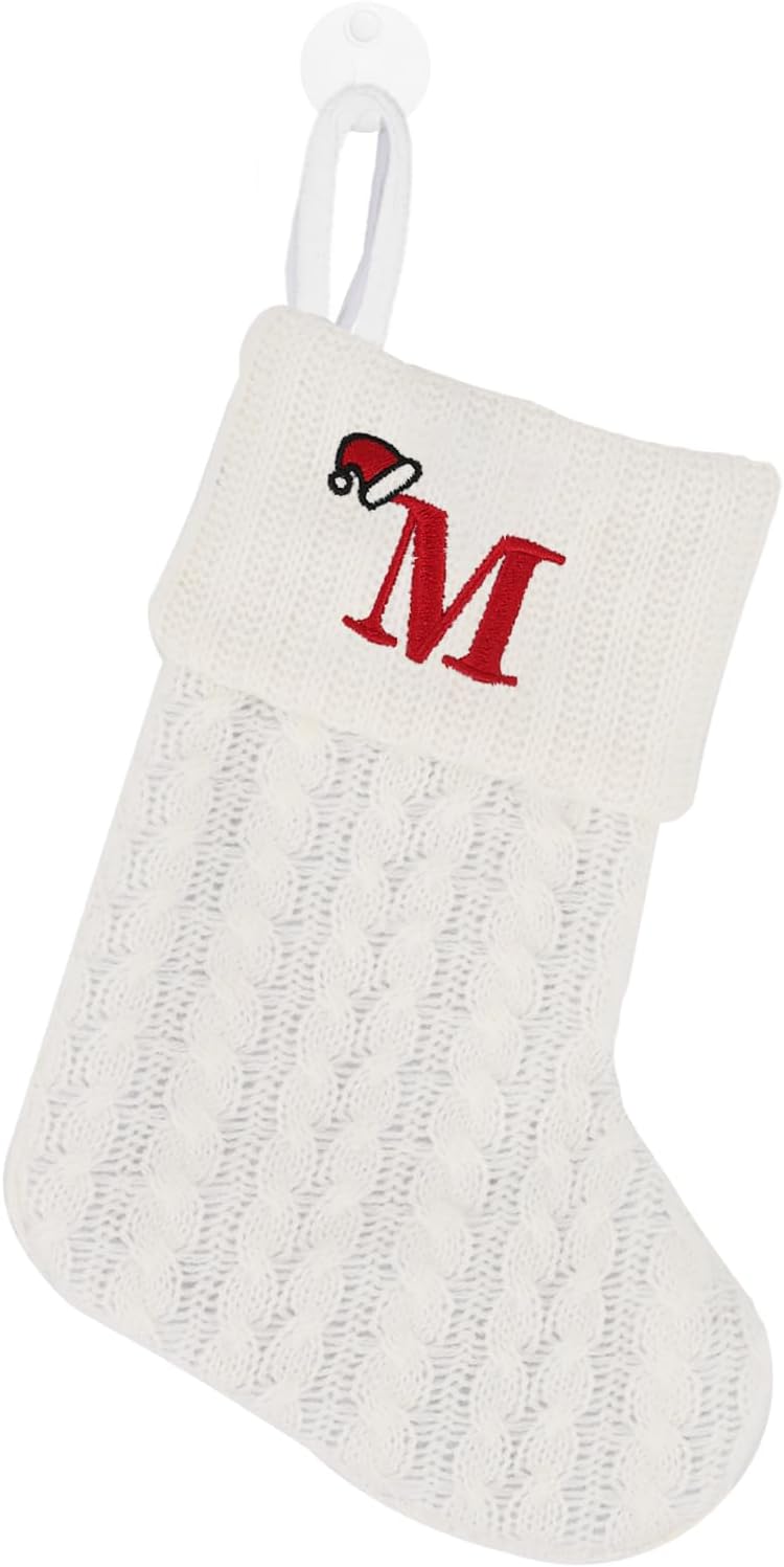 Stockings & Holders - OJCHRLKF 7 Inches Mini Cute Initial Monogram Embroidered Christmas Stocking Knitted Christmas Decorations Stocking Red,White,Green Knit Mini Stocking Christmas Decorations-58-M-White