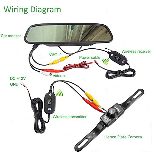 Podofo 4.3" Car TFT LCD Mirror Monitor Wireless Reverse Car Rear View Backup Camera Kit (Black)