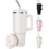 SASEUM 40 oz Tumbler with Handle and Lid, Double Wall Stainless Steel Insulated Water Bottle with 2 Reusable Metal Straws, Leak-Proof BPA-Free Cup for Coffee, Iced Drinks and Travel – White