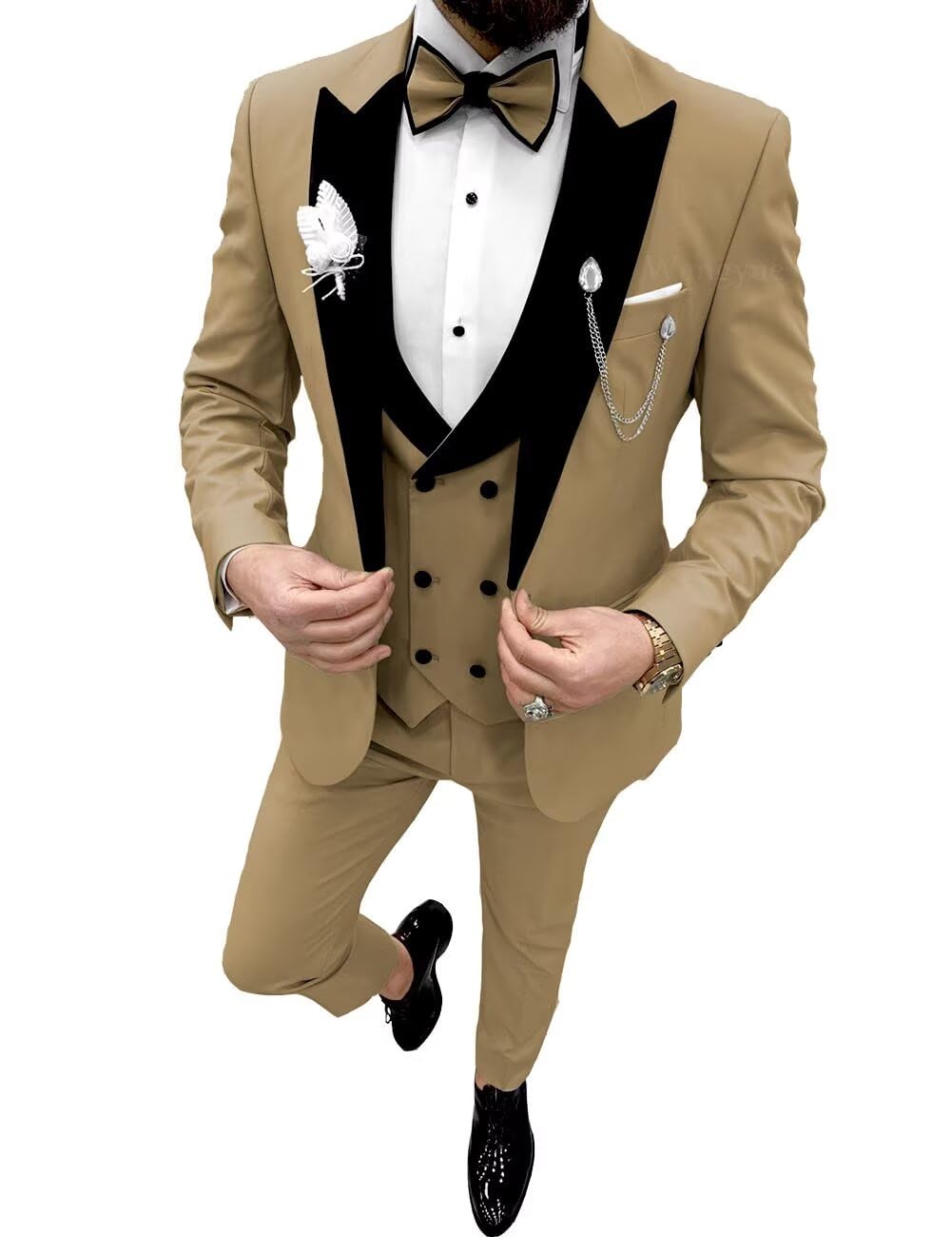Wangyue Slim Fit Suit for Men Khaki 3 Piece Tuxedo