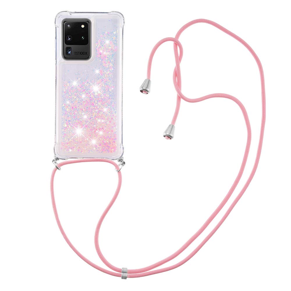 MRSTER Lanyard Phone Case for Samsung S21 Ultra, Bling Glitter Quicksand Liquid Sparkle Silicone TPU Case Cover With Crossbody Necklace Cord Strap for Samsung Galaxy S21 Ultra 5G. LP Star Pink
