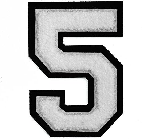 Number 5 - Chenille Embroidery Varsity Iron-On Patch by pc, 4-1/2", TR-11649 (White/Black)