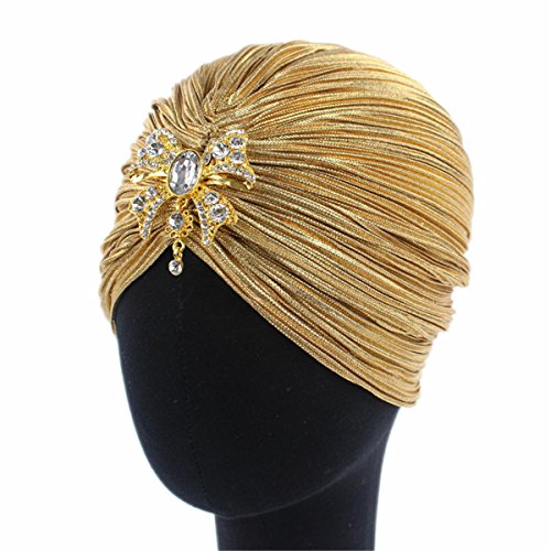 Qhome Luxury Women Shimmering Wrinkle Turban Silver Bow Diamante Brooch Hijab Cap Head Wrap
