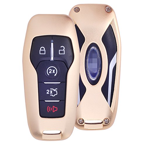 [M.JVisun] Car Remote Keyless Entry Key Case Cover Fob Skin Fits for Ford Mustang Explorer Taurus F-150 , Premium Aircraft Grade Aluminum Metal Protective Shell Genuine Leather With Key Chain - Gold
