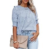 Dokotoo Womens Blouses Half Sleeve Shirred Tops Crewneck Lace Textured Flowy Casual Shirts
