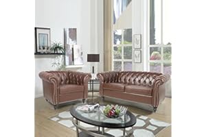 RARZOE 2 Pieces of Living Room Furniture Sofa Sets,Modern Contemporary Tufted Button Faux Leather Accent Club Chair&Chesterfield Loveseat Sofas Set with Nailhead Trim Scroll Arms for Home,Dark Brown