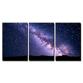 3 Piece Canvas Wall Art - Landscape with Purple Milky Way. Night Sky with Stars and Hills at Summer. - Modern Home Art Stretched and Framed Ready to Hang - 16"x24"x3 Panels