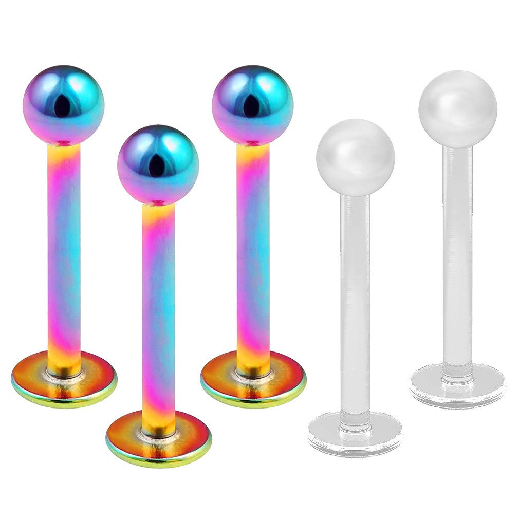 Bling Piercing 5pc Labret Bar Monroe Cartilage Earring 1.2mm 16g Rainbow 3mm Ball 316LVM Surgical Steel Lip Stud Helix Snake Bites Conch Medusa Spider Bite Retainer Keepers 10mm