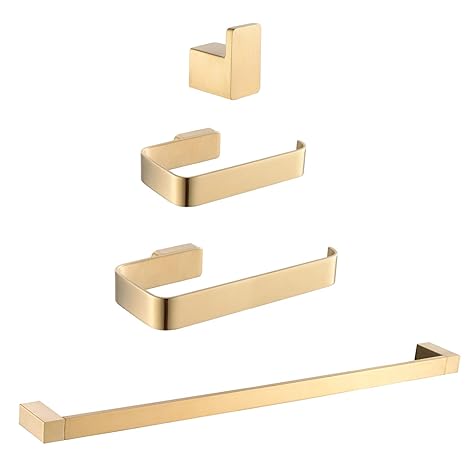 Trustmi 4 Piece Brass Brushed Gold Bathroom Hardware Set Towel Bar Towel Ring Toilet Paper Holder Robe Hook Tower Holderwall Mounted