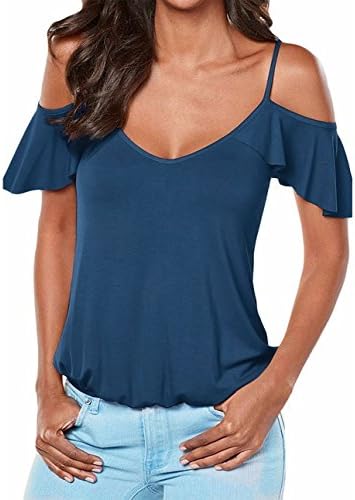 LANROON Women's Summer Soft Ruffle Sleeve Straghetti Strap Deep V Tunic Tops