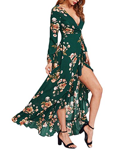 R.Vivimos Women's Long Sleeve V Neck Vintage Floral Print Boho Ruffles Asymmetrical Maxi Dress Small Dark Green