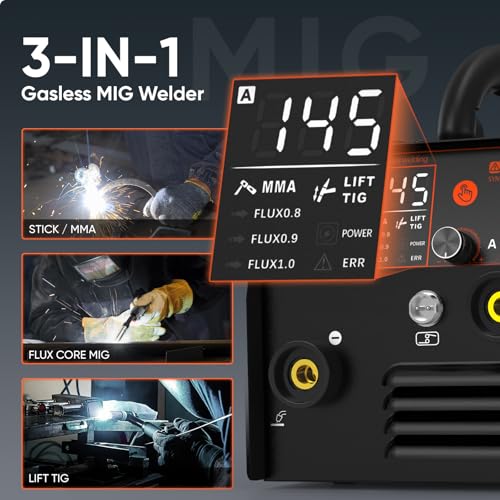 H HZXVOGEN 145A MIG Welder, 240V Gasless MIG Welder Welding Machine, 3-in-1 Flux Core MIG/ARC/Lift TIG, Synergic Control, IGBT Inverter, LED Display, MIG145II