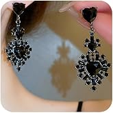 Xerling Black Rhinestones Heart Earrings Gothic Black Crystal Heart-shaped Earrings for Women