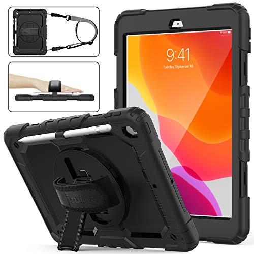 SEYMAC stock Case for iPad 9th/8th/7th Generation 10.2'', [Full-Body] Drop Proof Armor Case with 360° Rotating Stand [Pencil Holder][Screen Protector] Hand Strap, Black