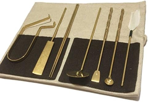 Jiroo 香道具 火道具 初心者 向け 7つ道具 新作 7点 セット 収納袋付 茶道 香匙 羽箒 香道入門 火筋 お香 灰匙 稽古 茶道具 銀葉鋏 灰押