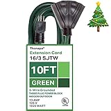 Thonapa 10 Ft Outdoor Extension Cord with 3 Electrical Power Outlets - 16/3 Durable Green Cable - Great for Christmas Lights, Garden and Major Appliances