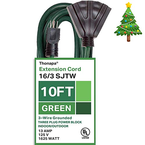Thonapa 10 Ft Outdoor Extension Cord with 3 Electrical Power Outlets - 16/3 Durable Green Cable - Great for Christmas Lights, Garden and Major Appliances