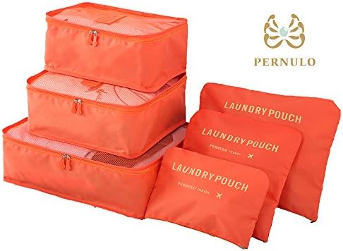 Pack of 6 Packing Pouch Packing Cubes Compression Travel Luggage Organizer Clothe Storage Bag Travel Pouch Laundry Bag (Orange)