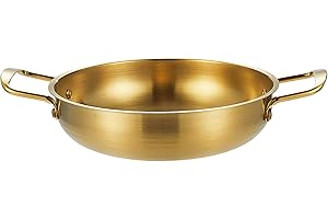 Dual Loop Handle Frying Pans 1350ML Thicken Stainless Steel Flat Bottom Skillet for Cooking Seafood Fried Rice (Gold)