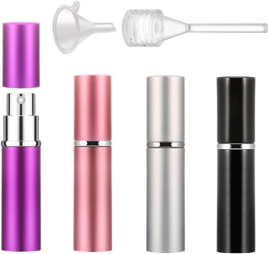 JZF 4 Pieces Perfume Atomiser Bottles, 5ML Mini Portable Travel Perfume Bottle Atomiser, Refillable Travel Empty Spray Bottle (Black, Sliver, Purple, Pink)