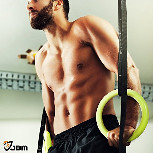 JBM Gymnastics Rings with Adjustable Straps Pull Up Fitness Exercise Rings for Crossfit Training, Organized Storage Full Body Olympic Strength Training Pull Ups and Dips (Green)