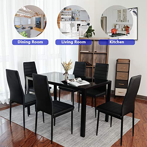 BAHOM 7 Piece Kitchen Dining Table Set for 6, Glass Table and PU Leather Chairs Set of 6 for Breakfast, Black