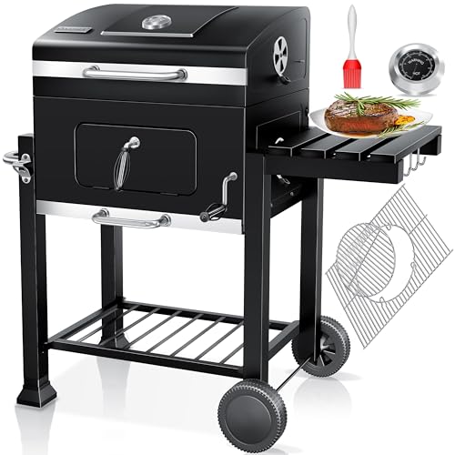 ® Grill Grillwagen BBQ Smoker XL Holzkohlegrill mit Deckel, Rädern, Edelstahl-Griff, Grillrost, Thermometer, & Silikon-Pinsel, Standgrill, Kohlegrillwagen