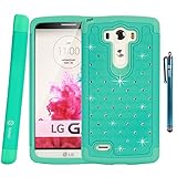 LG G3 Case, LG G3 Bling Case - Style4U LG G3 Studded Rhinestone Crystal Bling Hybrid Armor Case Cover for LG G3 with 1 HD Screen Protector and 1 Stylus [Teal / Mint Green]